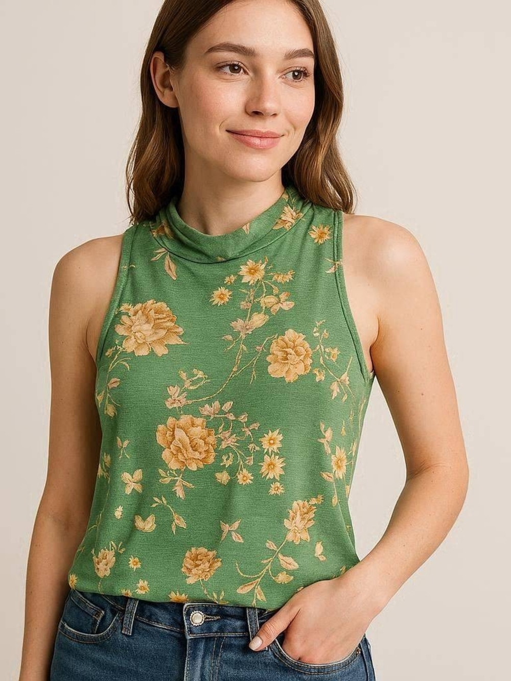 RW&CO. Green Floral Mock Neck Tank